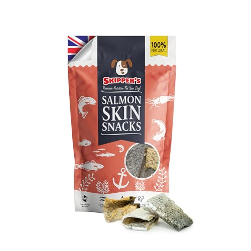 SKIPPER'S Salmon Skin Snacks Dog Treats - Gently Air Dried 100% Salmon Skin Chews Good for Cleaning Teeth, Essential Omega 3 Oils, Hypoallergenic, Wheat & Gluten Free Fish Treats for Dogs | 1.23 Oz