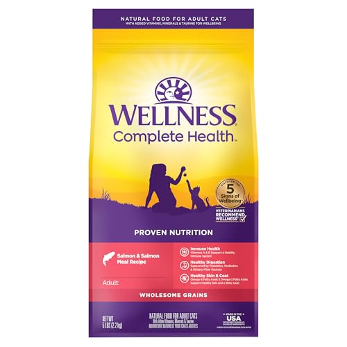 Wellness Complete Health Natural Dry Cat Food with Wholesome Grains, Made in USA with Real Meat (Adult, Salmon & Salmon Meal Recipe, 5-Pound Bag)