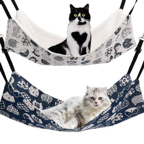 Cat Hammock for Cage Hanging Reversible 2Pack,Pet Hammock Bed Adjustable,Soft Sleeping Hammock for Cats,Ferret,Puppy,Rabbits,Small Animals (M, CAT)