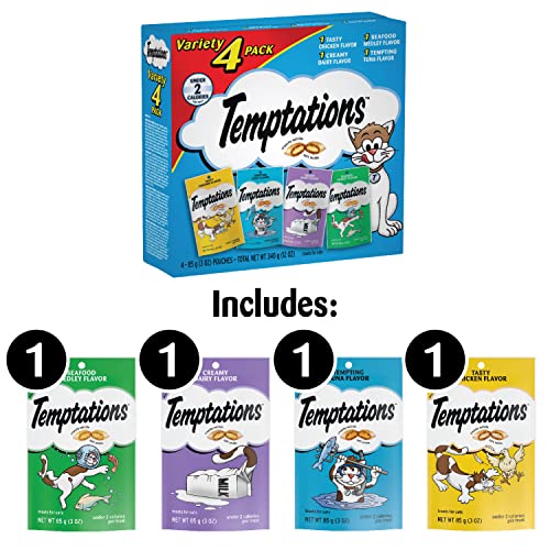 TEMPTATIONS Classic Crunchy and Soft Cat Treats Feline Favorite Variety Pack, (4) 3 oz. Pouches