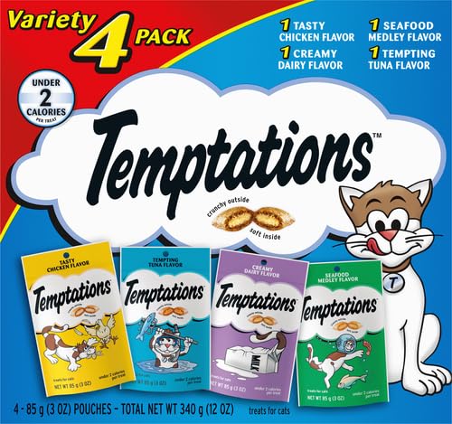 TEMPTATIONS Classic Crunchy and Soft Cat Treats Feline Favorite Variety Pack, (4) 3 oz. Pouches