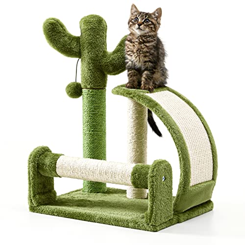 Made4Pets Cat Scratching Post, Cactus Scratcher Tree for Indoor Small Cats, Adult Kitten Scratch Pad with Natural Sisal Ropes, Cute Kitty Nail File Vertical Scratcher with Green Carpet Cover