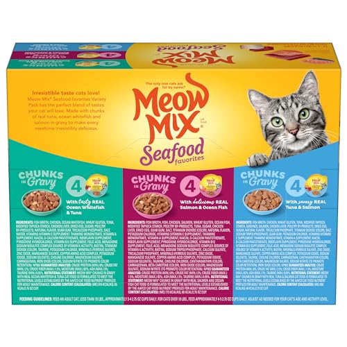 Meow Mix Seafood Favorites Chunks in Gravy Wet Cat Food Variety Pack, 2.75 Ounce (Pack of 12)