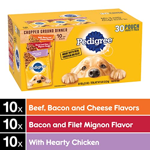 PEDIGREE CHOPPED GROUND DINNER Adult Soft Wet Dog Food 30-Count Variety Pack, 3.5 oz Pouches (Pack of 30)