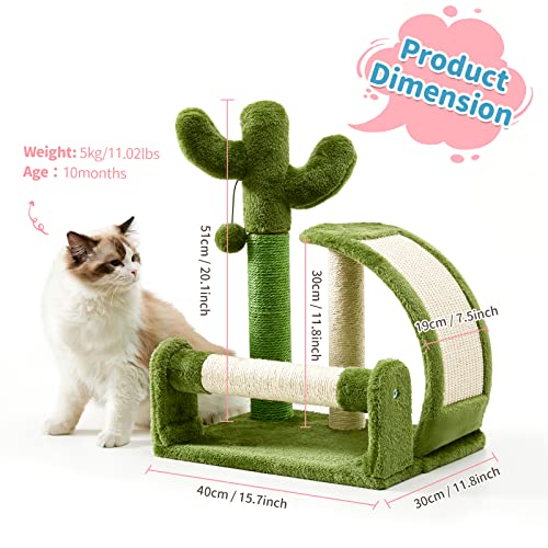 Made4Pets Cat Scratching Post, Cactus Scratcher Tree for Indoor Small Cats, Adult Kitten Scratch Pad with Natural Sisal Ropes, Cute Kitty Nail File Vertical Scratcher with Green Carpet Cover