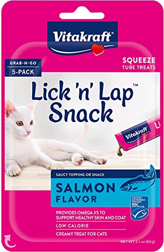 Vitakraft Lick 'n' Lap Salmon Flavor Creamy Treats for Cats, Low Calorie, Grab-n-Go Squeeze Tube Treats or Saucy Food Topping, 5 Pack