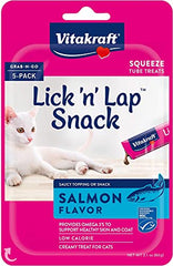 Vitakraft Lick 'n' Lap Salmon Flavor Creamy Treats for Cats, Low Calorie, Grab-n-Go Squeeze Tube Treats or Saucy Food Topping, 5 Pack