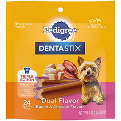 PEDIGREE DENTASTIX Dual Flavor Small Dog Dental Treats, Bacon & Chicken Flavors Dental Bones, 5.08 oz. Pack (24 Treats)