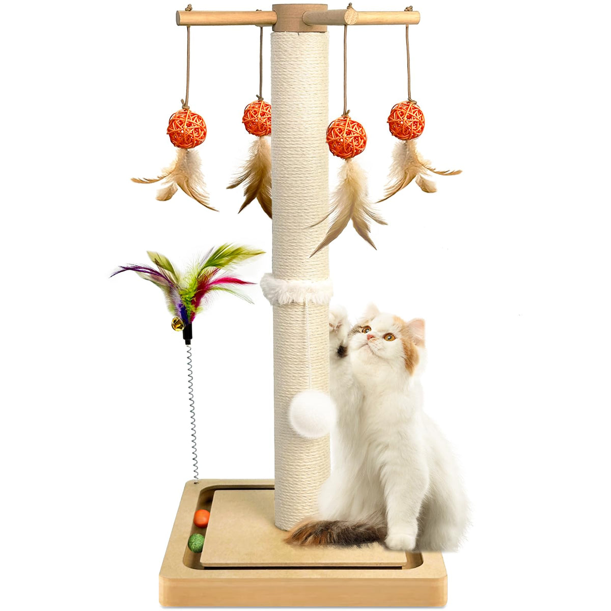 Paroto Cat Scratching Post, Sisal Scratching Posts for Indoor Cats Adults with Hanging Ball and Interactive Toys, 2 Mounting Methods Cat Scratcher for Kitten Cats, 25 inches