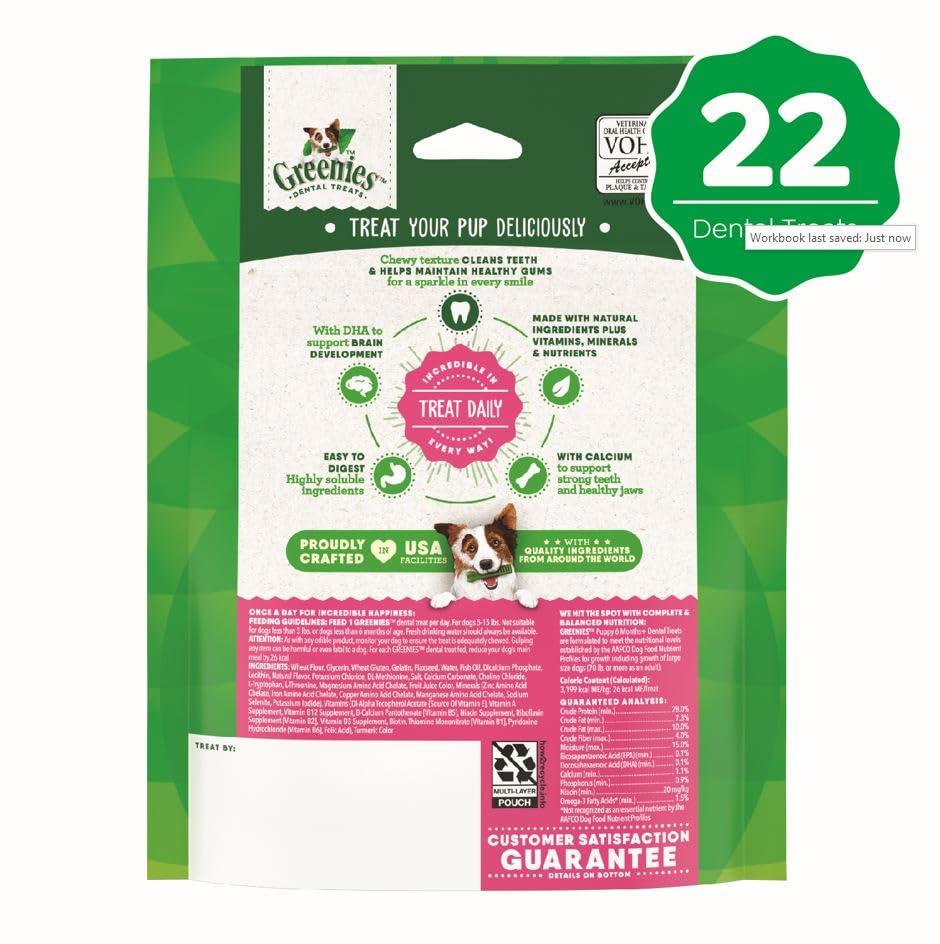 Greenies Puppy Teenie Size Natural Dental Dog Treats, 6 oz. Pack (22 Treats)