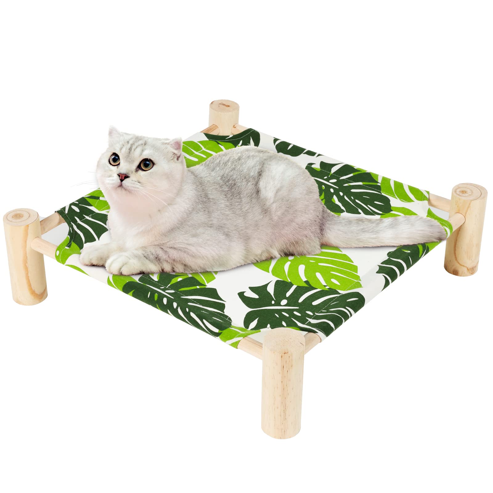 Cat and Dog Hammock Bed Small Dog Bed, Wooden Cat Elevated Cooling Outdoor Bed for All Seasons, Cat Beds for Indoor Cats, Cat Cots Furniture Pet Bed Puppy Bed(Monstera Leaf)