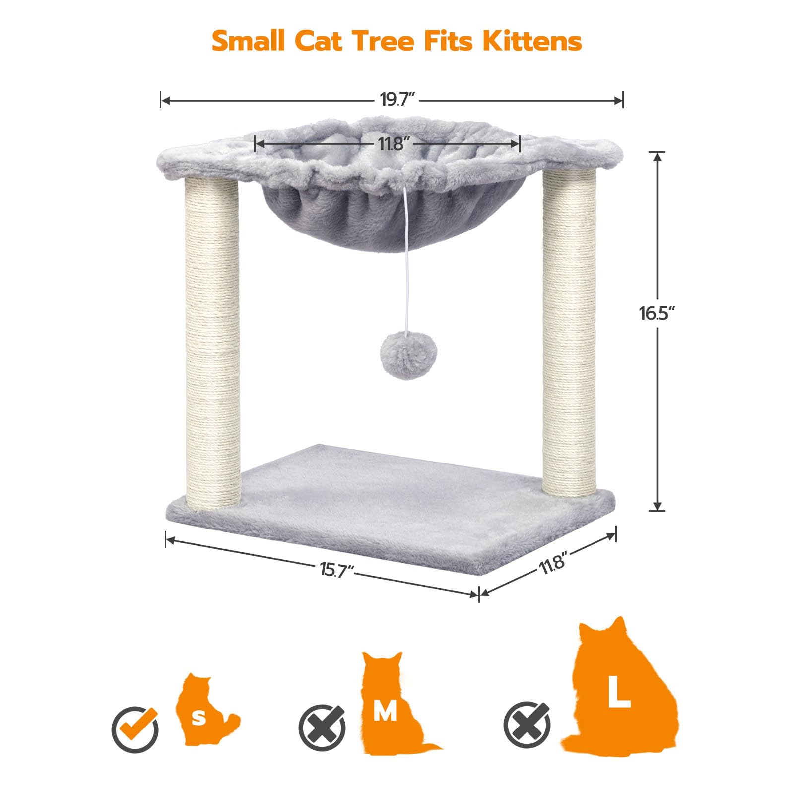 Cat Tree, Small Kittens Tower, 15.7 x 11.8 x 16.5 Inches, Hammock with Sisal Scratching Posts, Pet House Furniture, Light Gray LG08CT03