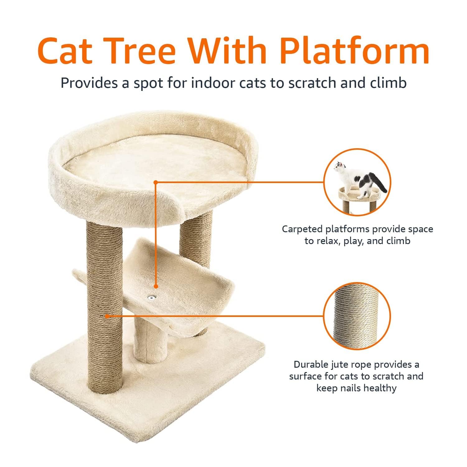 Top Platform Cat Tree With Scratching Post - 18 x 14 x 22 Inches, Indoor, Beige