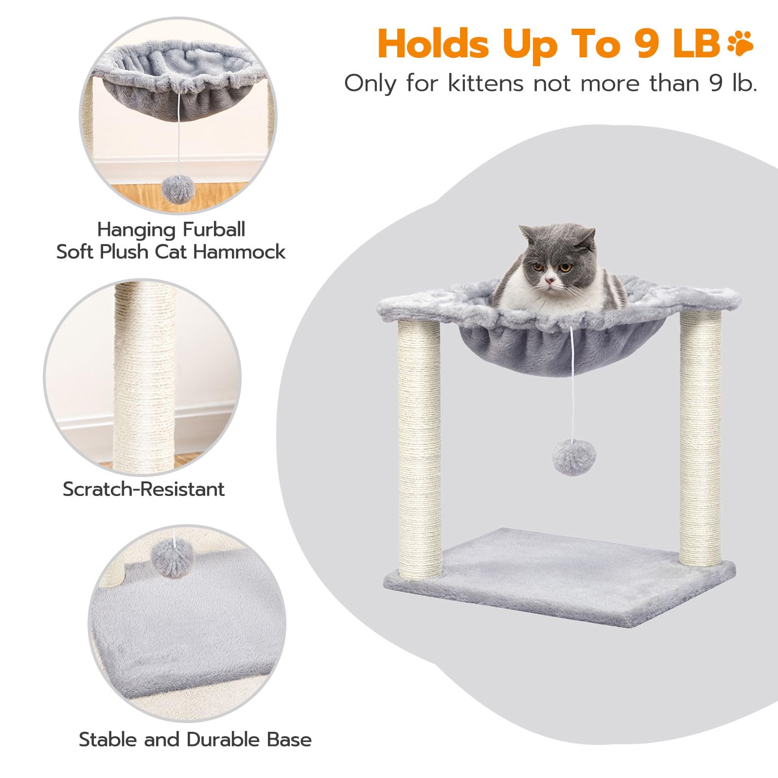 Cat Tree, Small Kittens Tower, 15.7 x 11.8 x 16.5 Inches, Hammock with Sisal Scratching Posts, Pet House Furniture, Light Gray LG08CT03