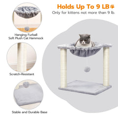 Cat Tree, Small Kittens Tower, 15.7 x 11.8 x 16.5 Inches, Hammock with Sisal Scratching Posts, Pet House Furniture, Light Gray LG08CT03