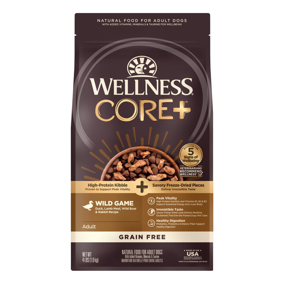 Wellness CORE+ Natural Grain Free Dry Dog Food, Wild Game Duck, Wild Boar & Rabbit with Freeze Dried Lamb, 4-Pound Bag