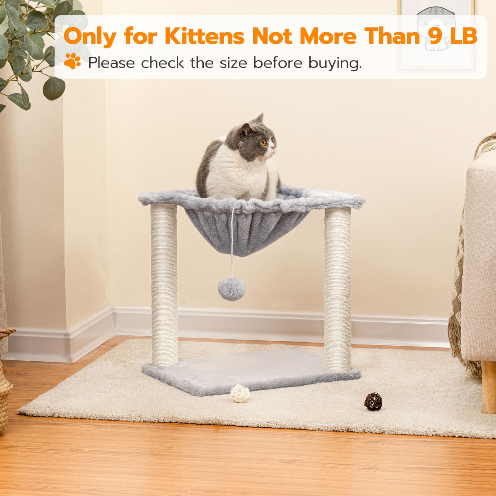 Cat Tree, Small Kittens Tower, 15.7 x 11.8 x 16.5 Inches, Hammock with Sisal Scratching Posts, Pet House Furniture, Light Gray LG08CT03