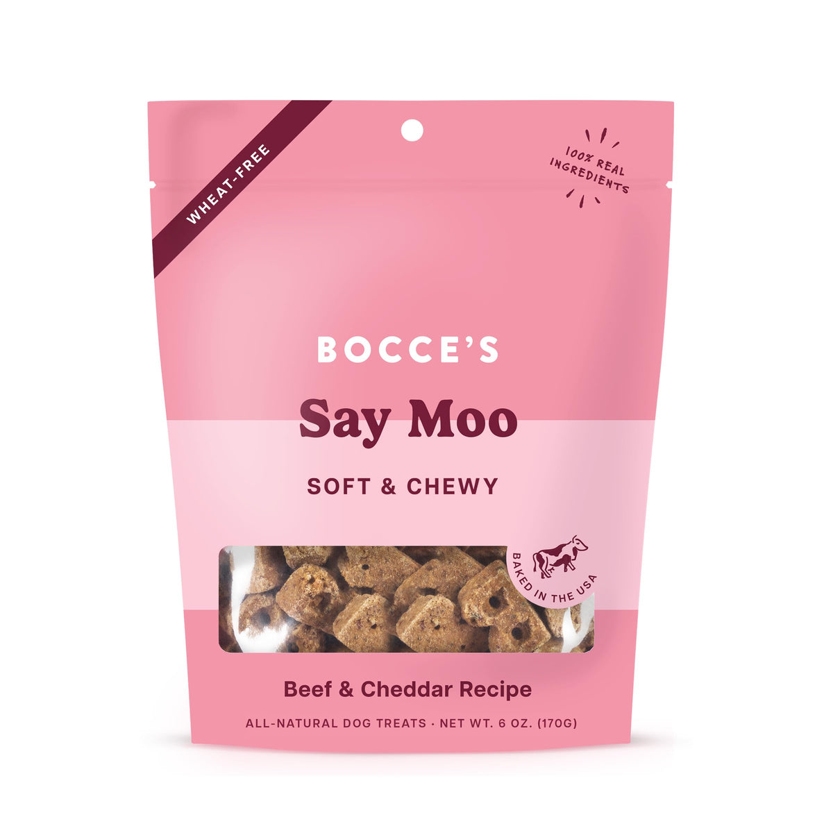 Bocce's Bakery Oven Baked Say Moo Treats for Dogs, Wheat-Free Everyday Dog Treats, Made with Real Ingredients, Baked in The USA, All-Natural Soft & Chewy Cookies, Beef & Cheddar Recipe, 6 oz