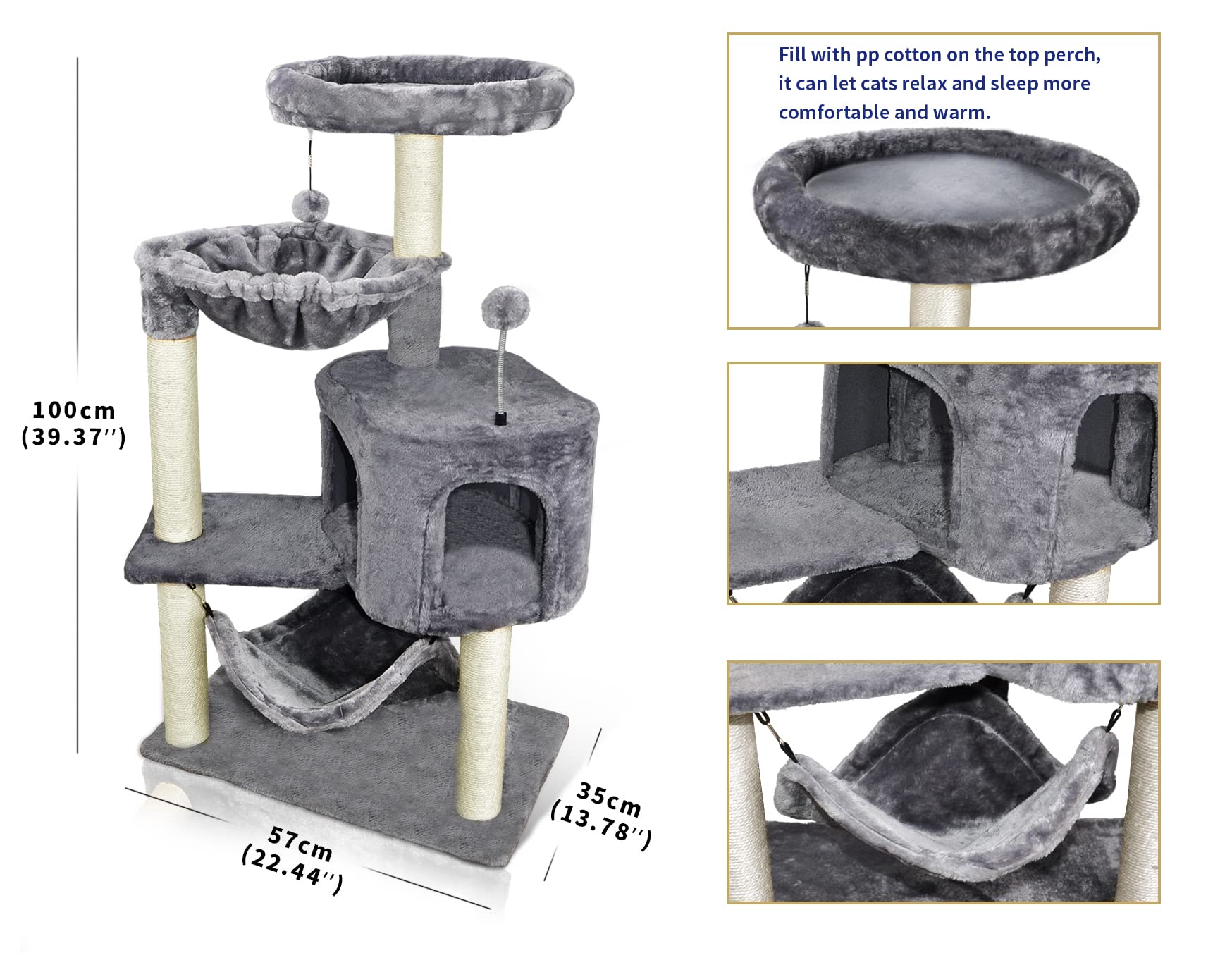 Newest Cat Tree with Cat Condo and Big Hammock, Grey