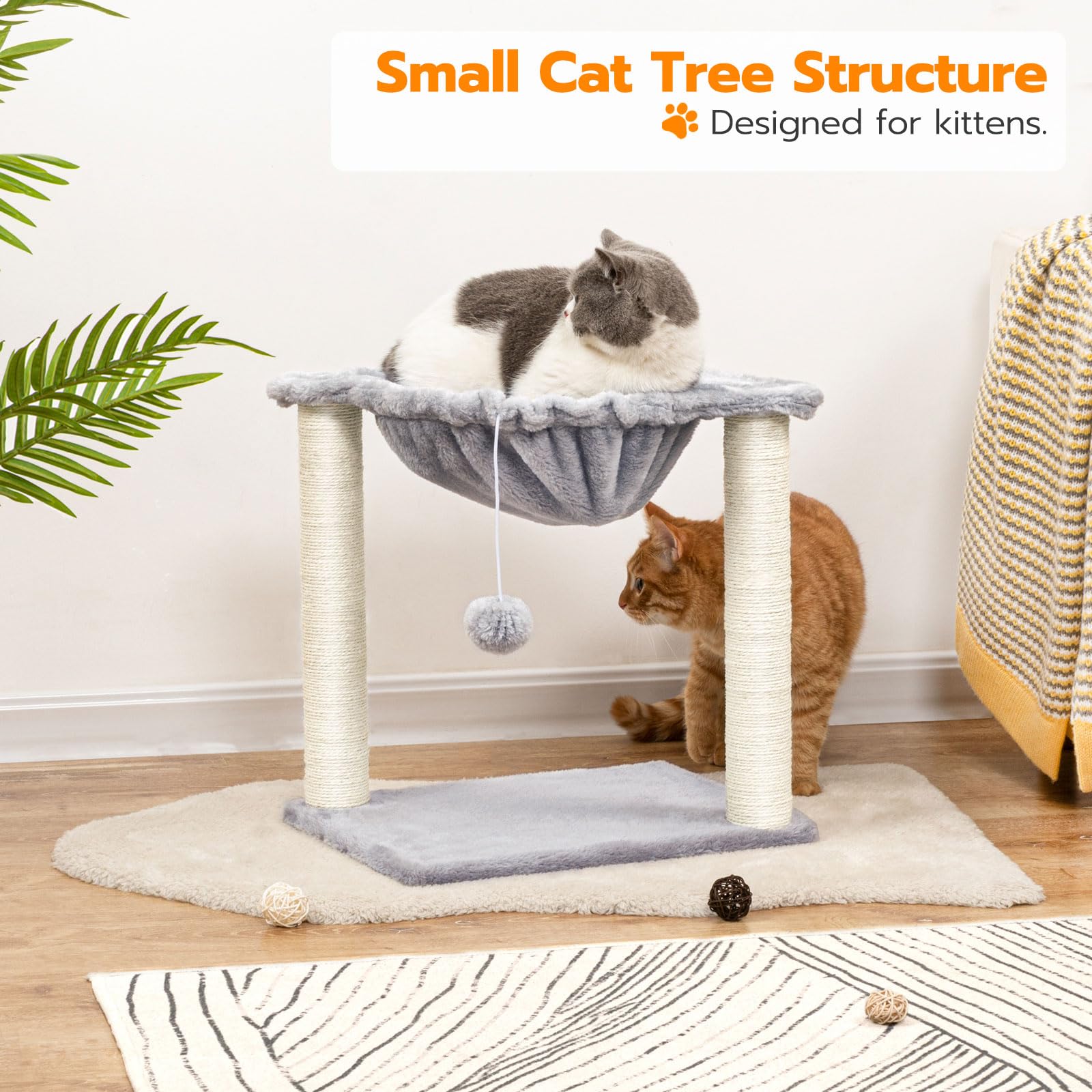 Cat Tree, Small Kittens Tower, 15.7 x 11.8 x 16.5 Inches, Hammock with Sisal Scratching Posts, Pet House Furniture, Light Gray LG08CT03