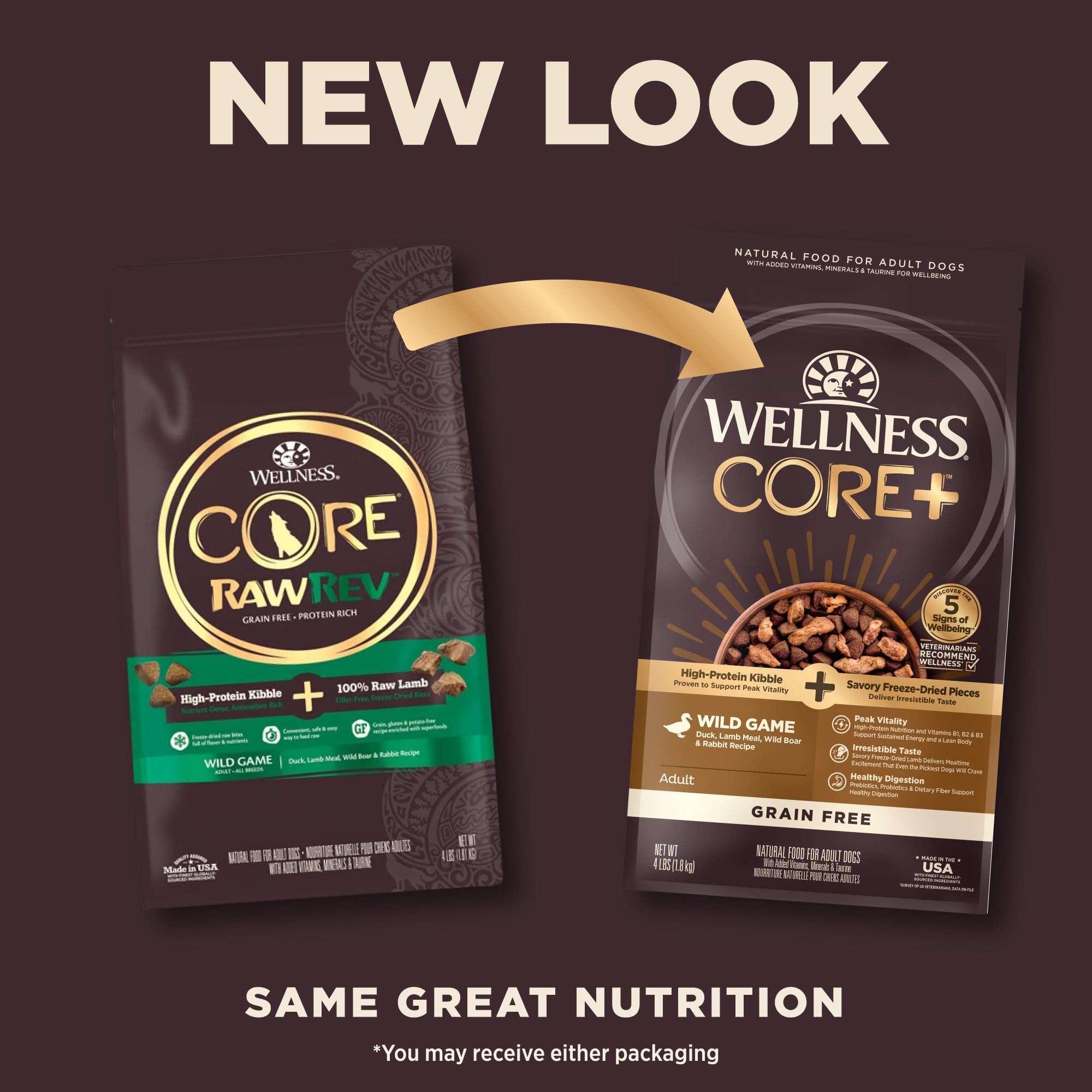 Wellness CORE+ Natural Grain Free Dry Dog Food, Wild Game Duck, Wild Boar & Rabbit with Freeze Dried Lamb, 4-Pound Bag