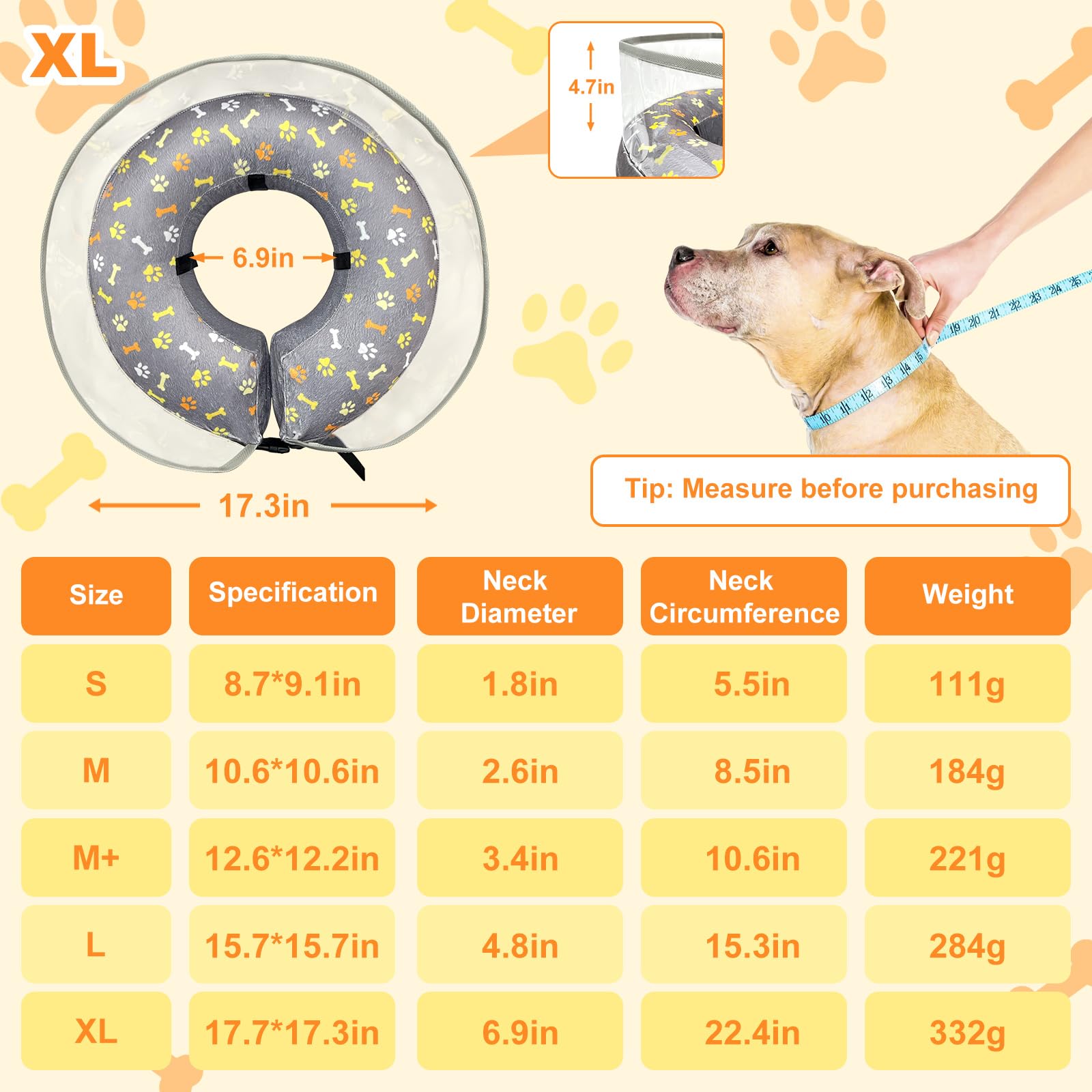 Dog Cone Collar with Enhanced Anti-Licking, Inflatable Dog Cone After Surgery, Adjustable Size with Soft Padding for Small Medium Large Dogs - S