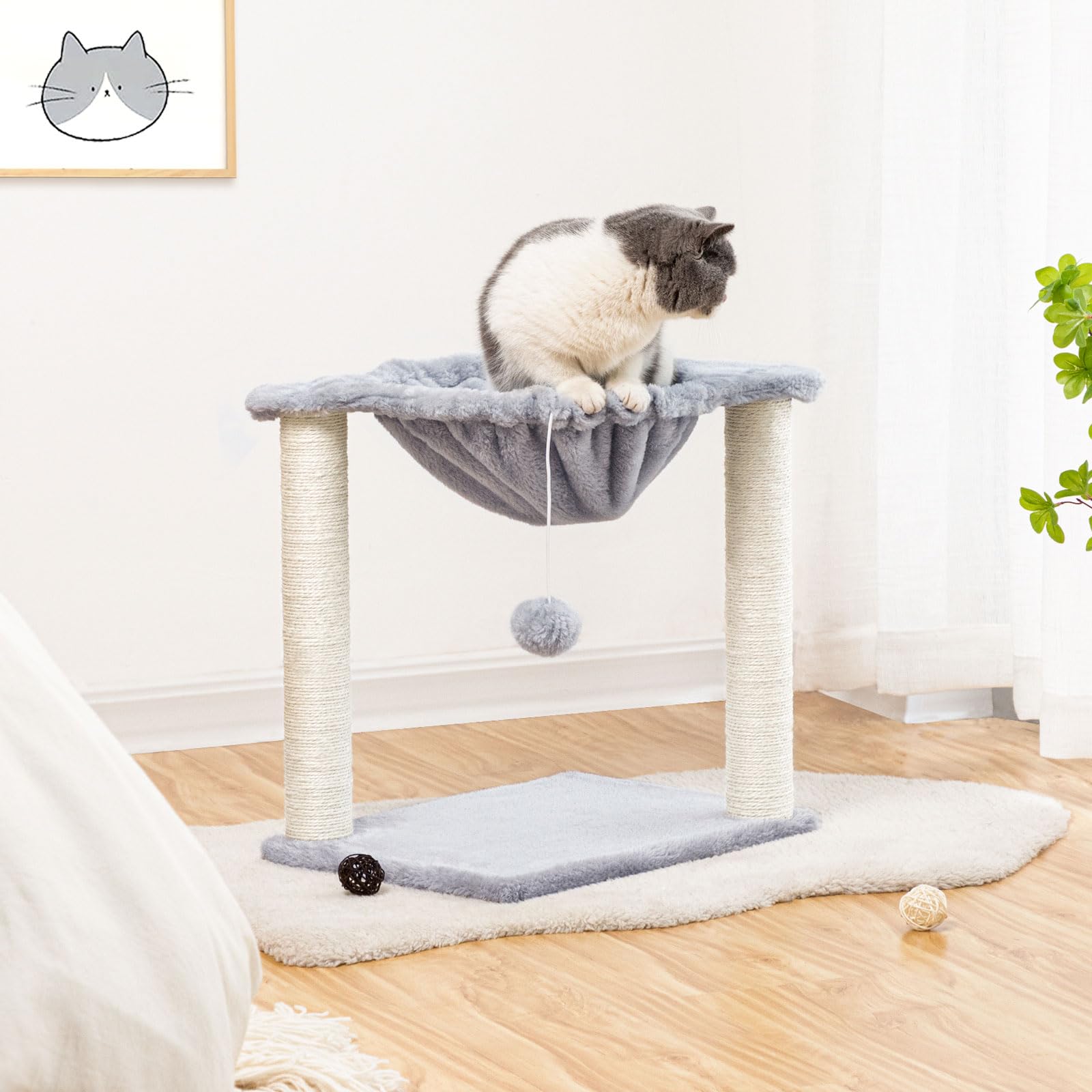 Cat Tree, Small Kittens Tower, 15.7 x 11.8 x 16.5 Inches, Hammock with Sisal Scratching Posts, Pet House Furniture, Light Gray LG08CT03