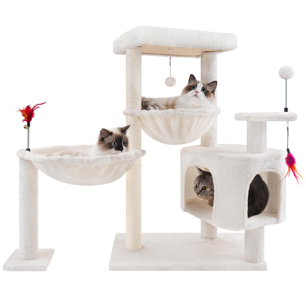 YOUPET 33.46" Cat Tree Tower with Cat Condo and Scratching Post for Indoor Cats, Activity Center Cat Furniture with Two Big Hammock and Spring Toy Balls, Beige