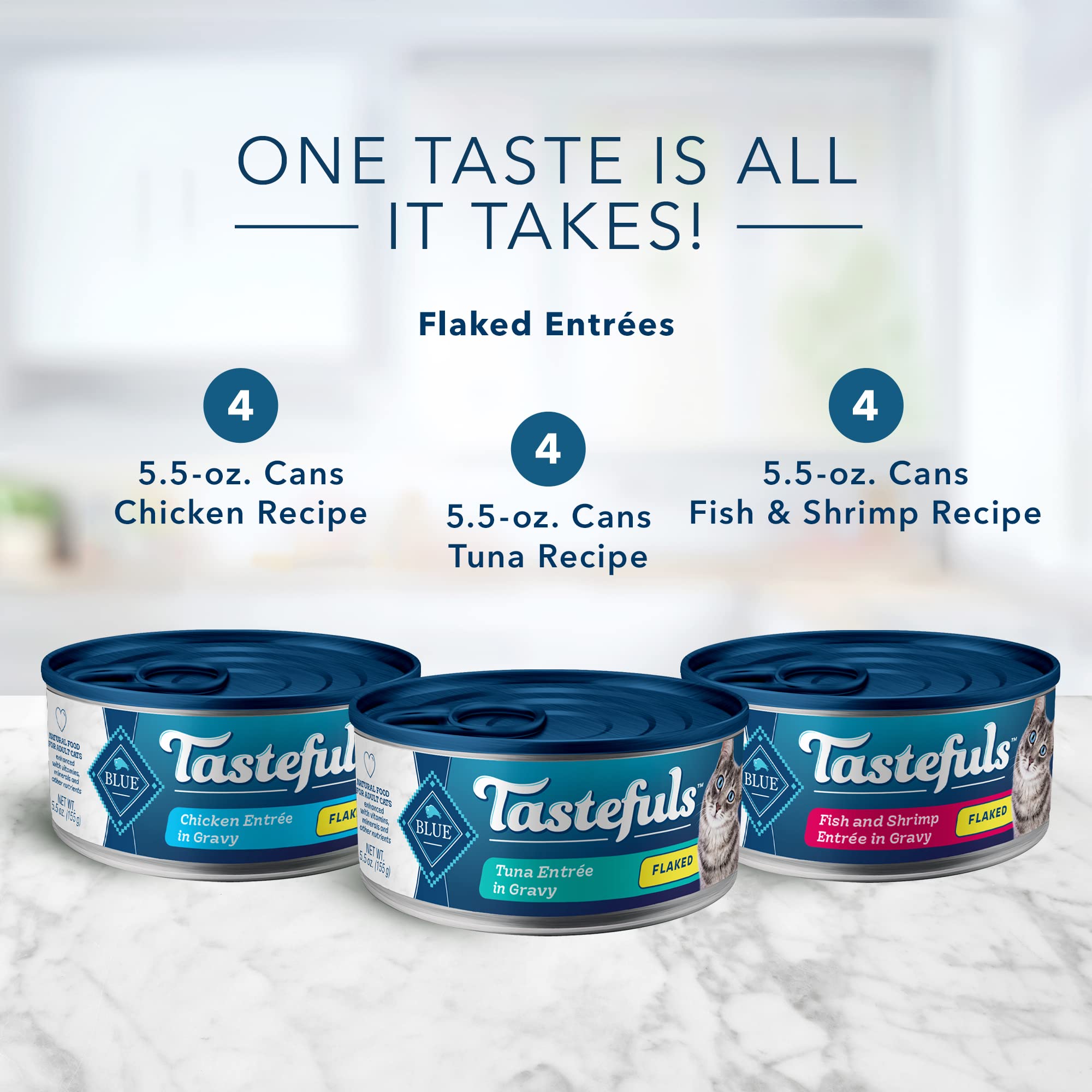 Blue Buffalo Tastefuls Natural Flaked Wet Cat Food Variety Pack, Tuna, Chicken and Fish & Shrimp Entrées in Gravy 5.5-oz Cans (12 Count - 4 of Each)