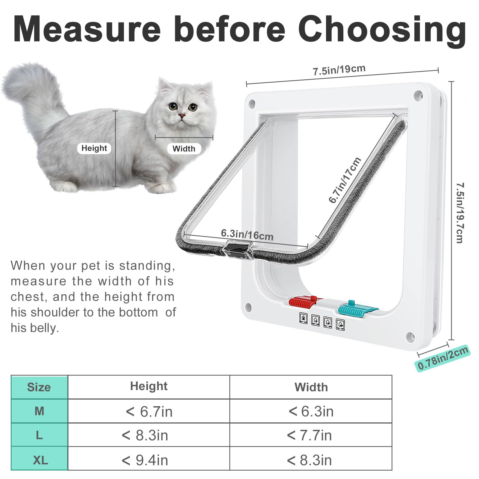 Cat Door for Windows, Pet Doors and Sliding Door, Safety Pet Door with 4 Way Lock, Weatherproof Cat Flap for Thin Door and Wall(Medium, 6.7in x 6.3in Flap)