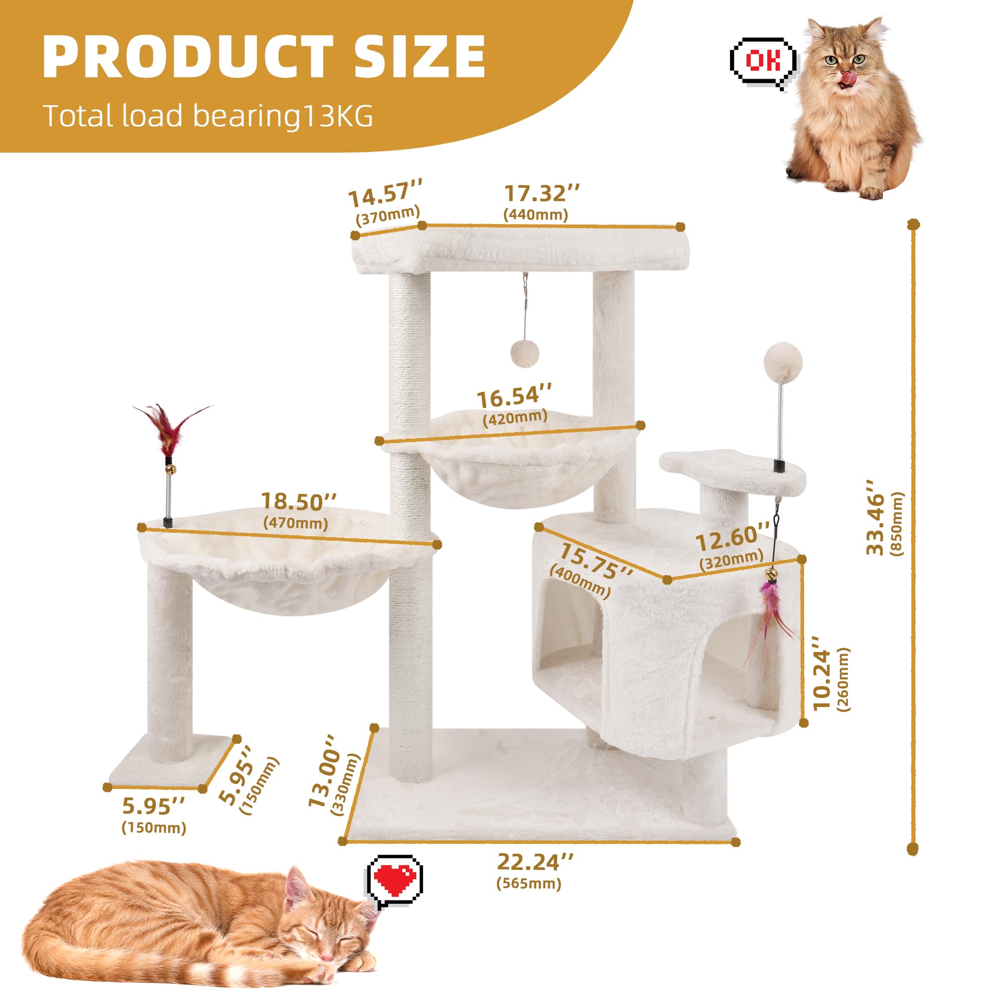 YOUPET 33.46" Cat Tree Tower with Cat Condo and Scratching Post for Indoor Cats, Activity Center Cat Furniture with Two Big Hammock and Spring Toy Balls, Beige