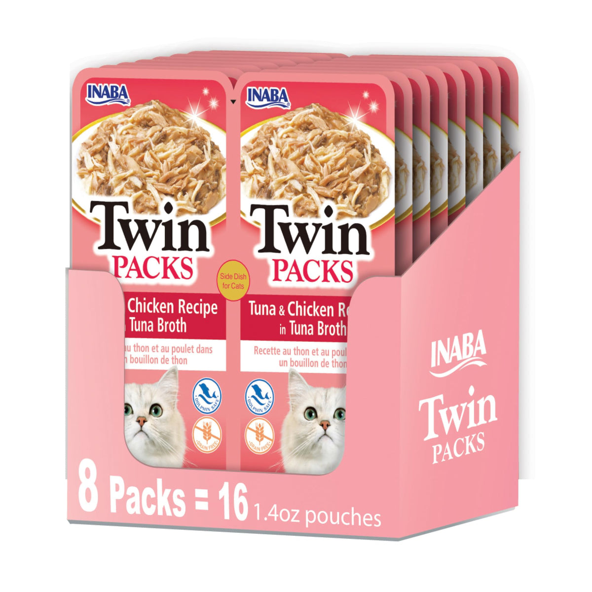 INABA Twin Packs for Cats, Shredded Chicken & Broth Gelée Side Dish/Topper Pouch, 1.4 Ounces per Serving, 16 Servings, Tuna & Chicken Recipe in Tuna Broth