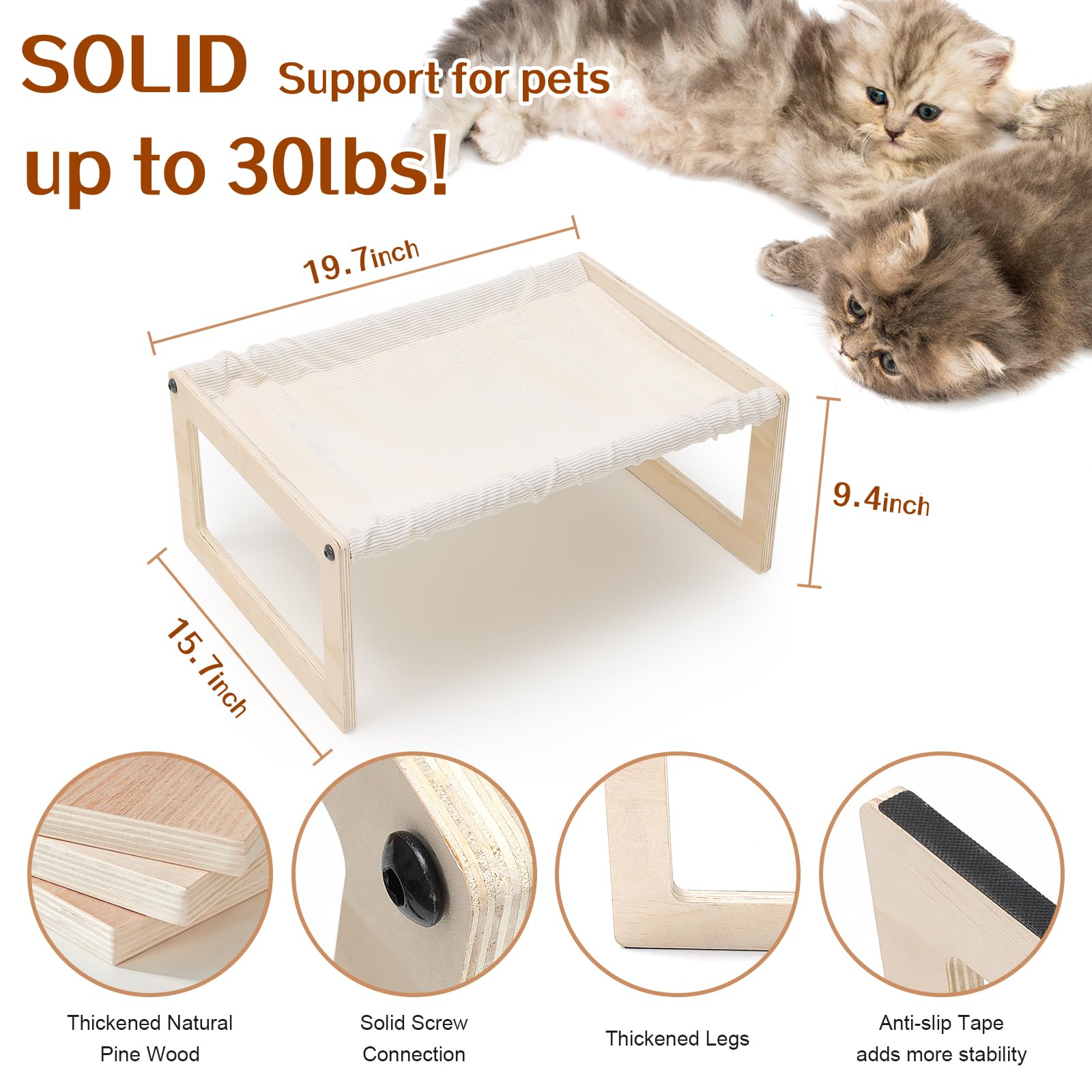 PoPoHoser Cat Bed, Elevated Cat Beds for Indoor Cats, Freestanding Wooden Cat Hammock with Washable Cover, 19.7 X 15.7 Inch Soft Lifted Cooling Sleeping Bed for Kitty, Puppy, Rabbit and Small Pets