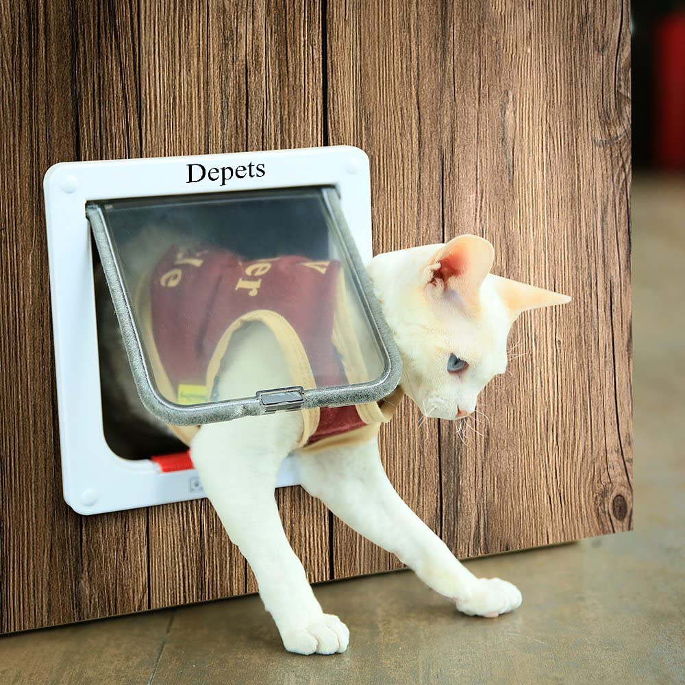 Cat Flap Door with 4 Way Lock (Outer Size 7.5" x 7.8"), Magnetic Pet Door Kit White, Weather-Resistant Cat Door for Cats & Doggy