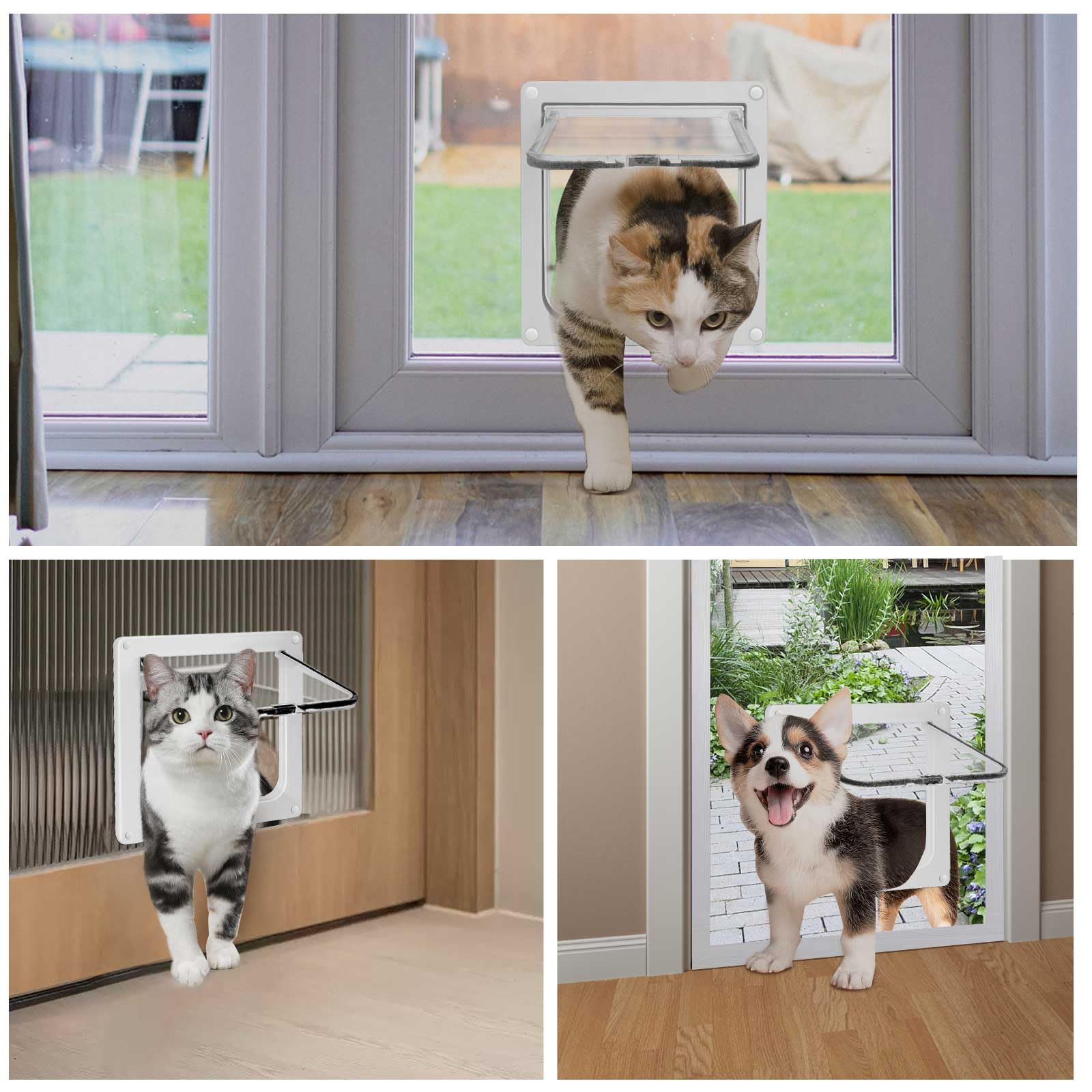 Cat Door for Windows, Pet Doors and Sliding Door, Safety Pet Door with 4 Way Lock, Weatherproof Cat Flap for Thin Door and Wall(Medium, 6.7in x 6.3in Flap)