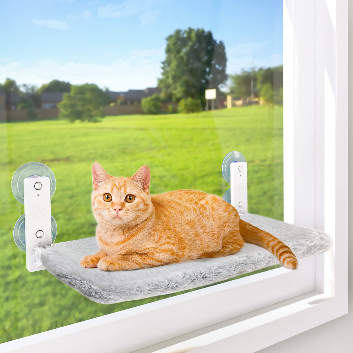 Cordless Cat Window Perch, Cat Hammock with 4 Suction Cups, Solid Metal Frame and Reversible Cover, Foldable Cat Beds for Indoor Cats