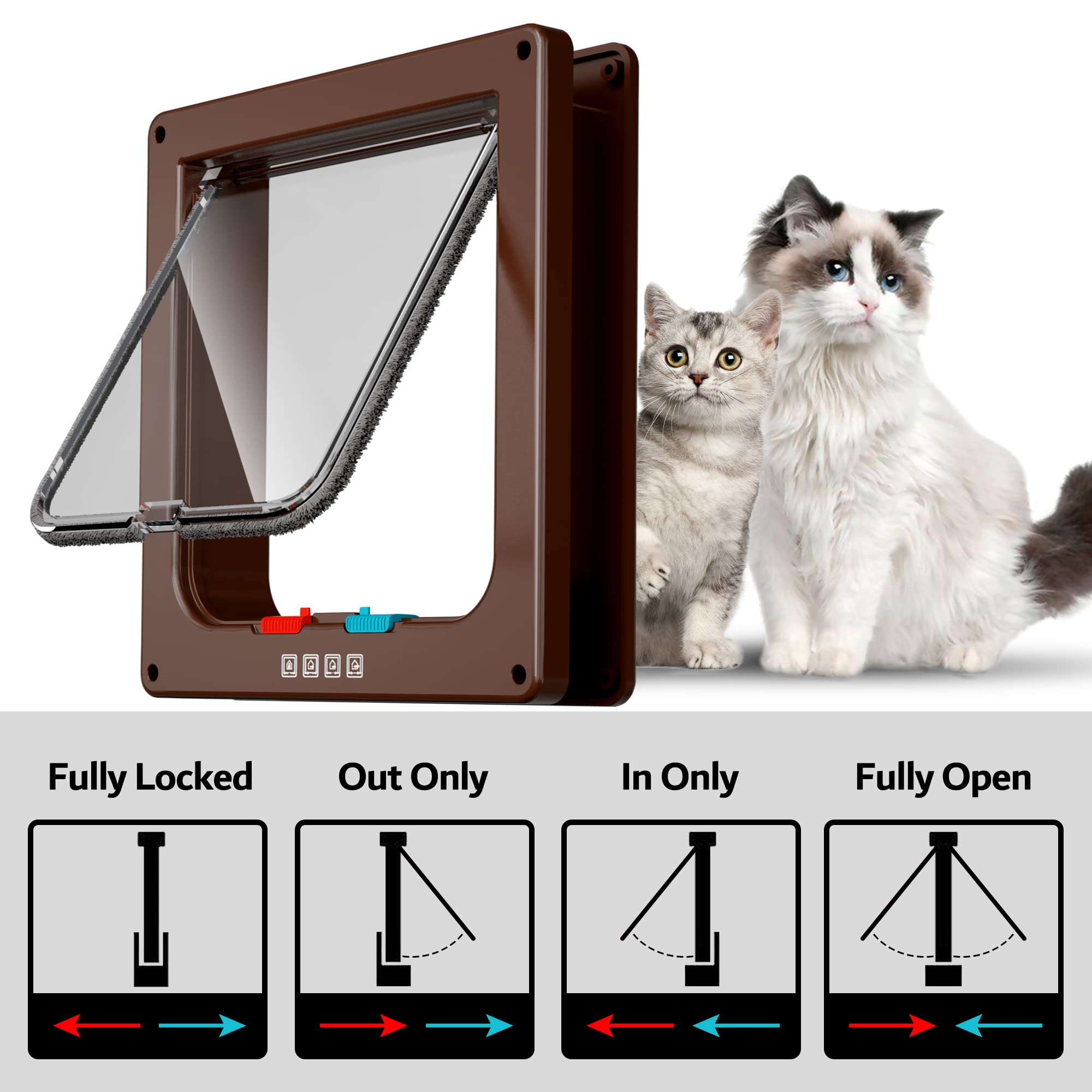 Large Cat Door Interior Door Pet Door for Cat Exterior Door 4 Modes Locking Suitable for Window and Wall (Brown)