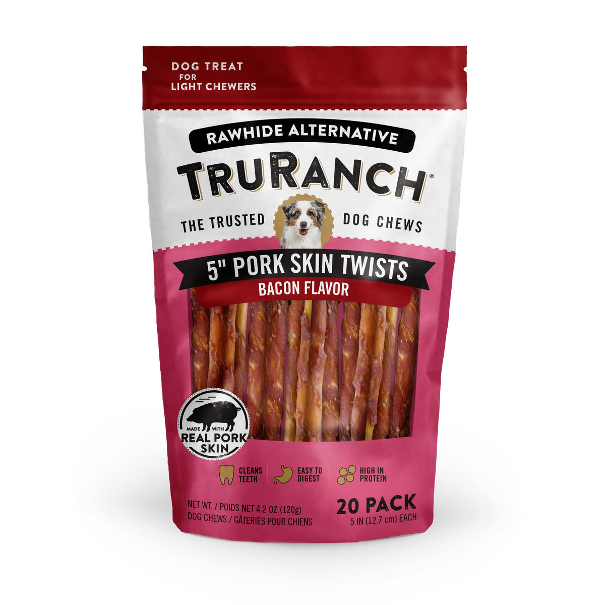 TRURANCH 5" Pork Skin Twists, Bacon Flavor, Made with Real Pork Skin, Rawhide Alternative, Healthy Dog Chews, 1 Bag, 20 Count