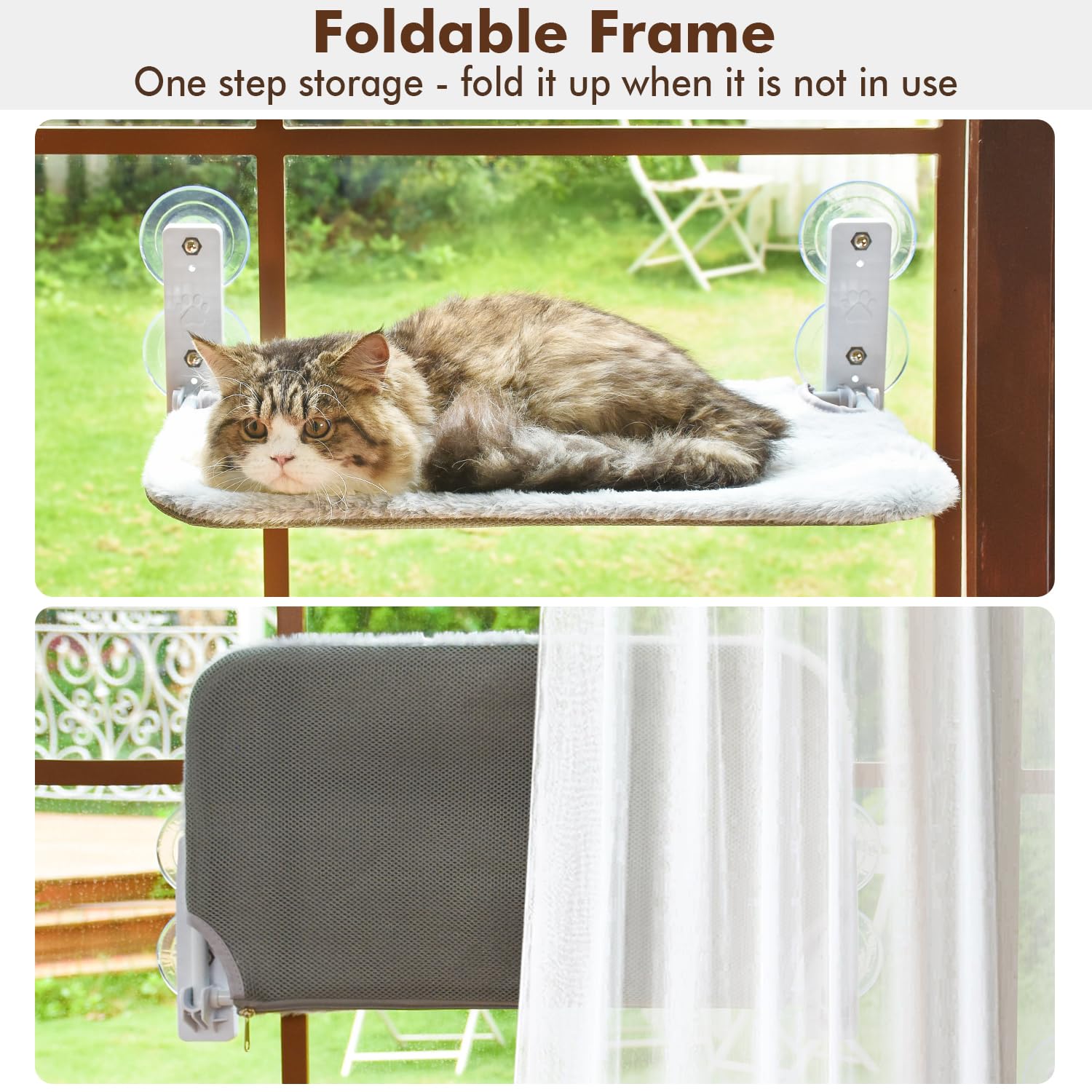 Cordless Cat Window Perch, Cat Hammock with 4 Suction Cups, Solid Metal Frame and Reversible Cover, Foldable Cat Beds for Indoor Cats