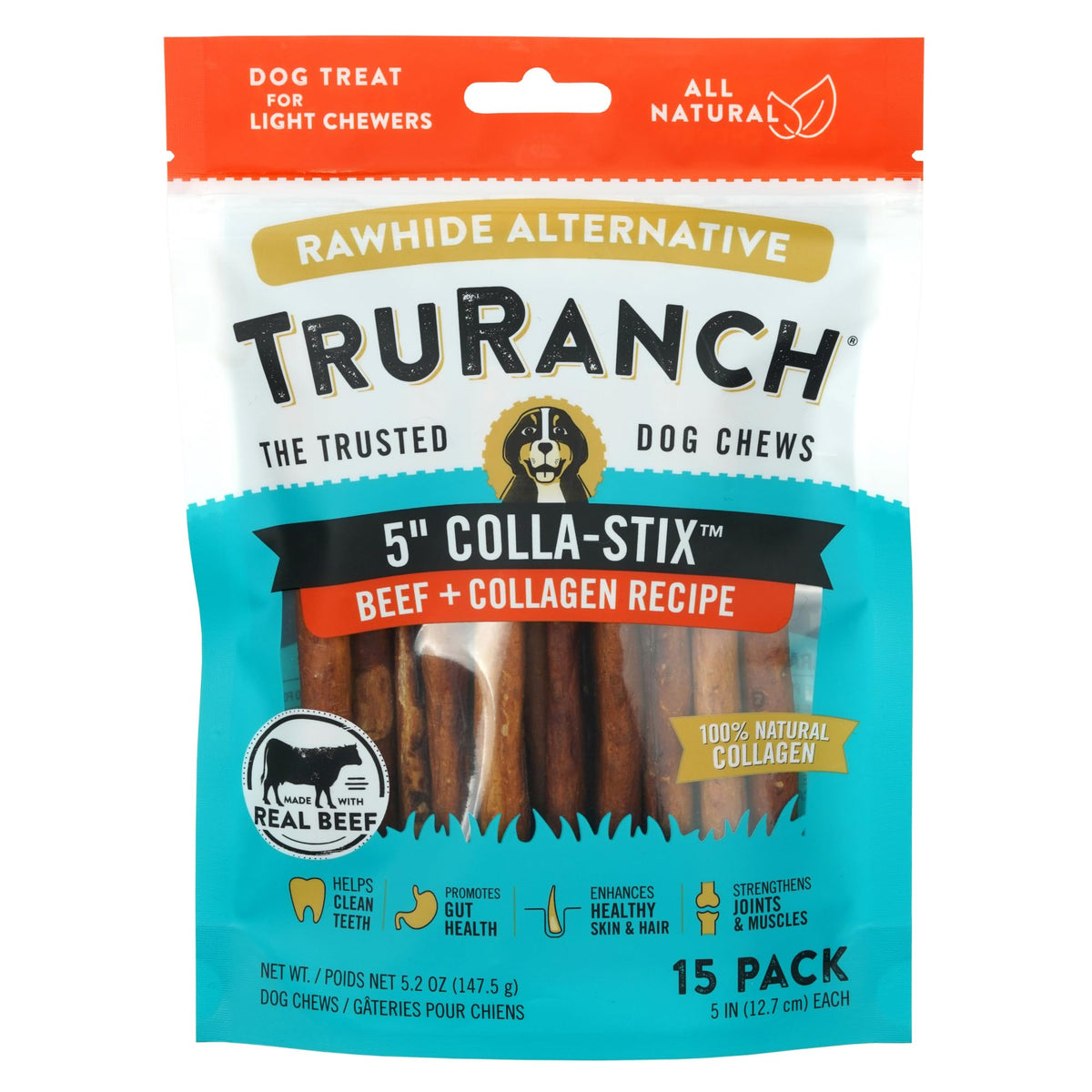 TRURANCH 5" Collagen Sticks, Beef, Healthy Joint Support Dog Treat, Rawhide Alternative, Skin & Coat Health, Made with Real Beef, 1 Bag, 15 Count