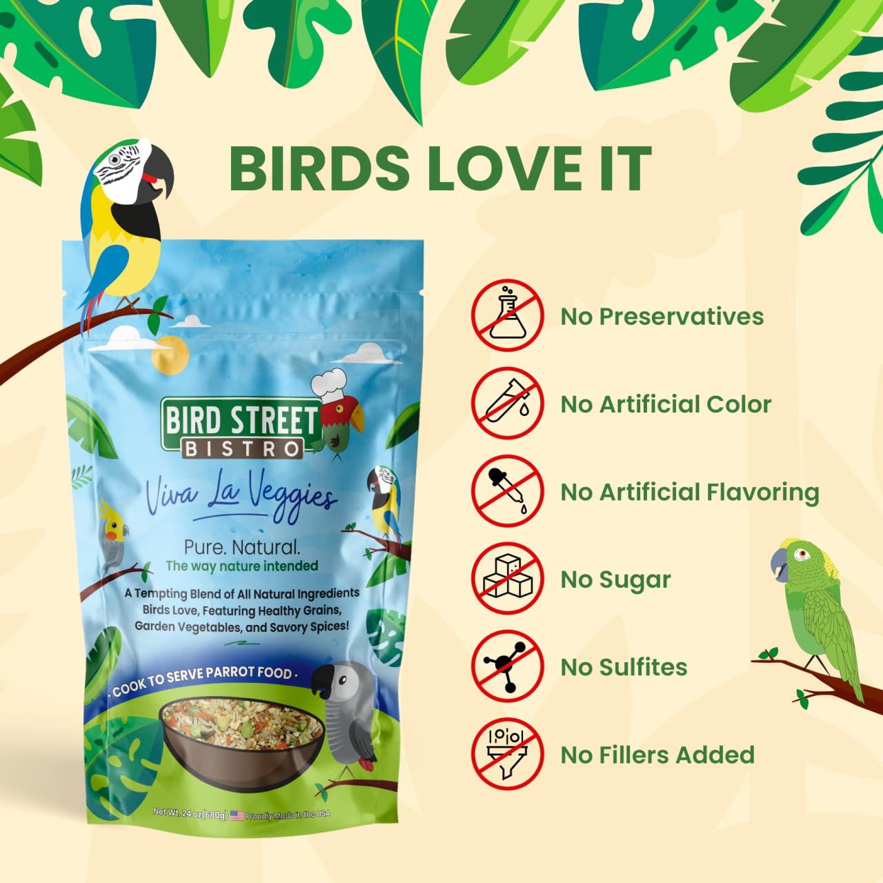 Bird Street Bistro Parrot Food - Parakeet Food - Cockatiel Food - Bird Food - Cooks in 3-15 min w/Natural & Organic Grains - Legumes - Non-GMO Fruits, Vegetables, & Healthy Spices