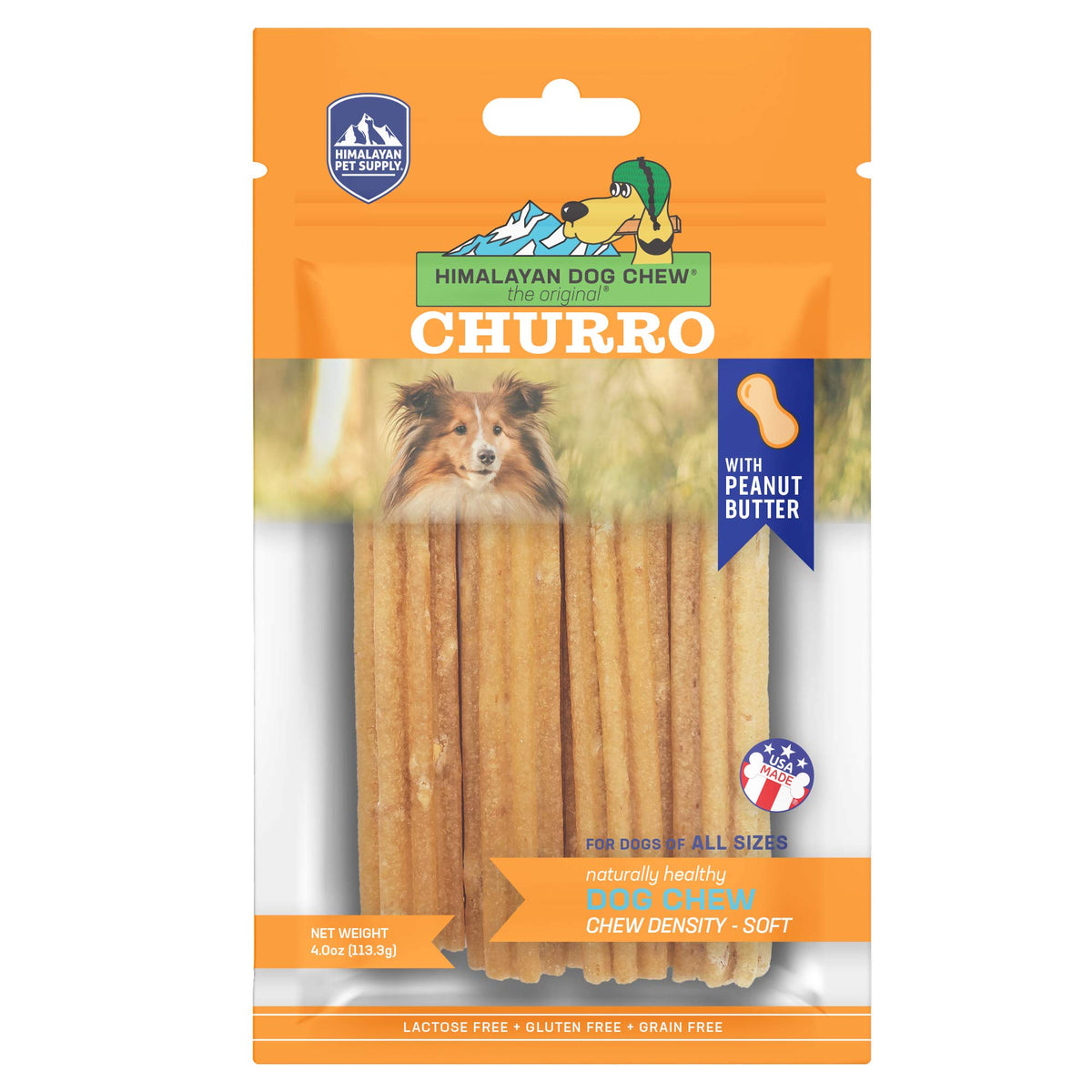 Himalayan Dog Chew Churro Yak Cheese Dog Chews, 100% Natural, Long Lasting, Gluten Free, Healthy & Safe Dog Treats, Lactose & Grain Free, Protein Rich, Real Peanut Butter Flavor, 4 Churros Per Pouch