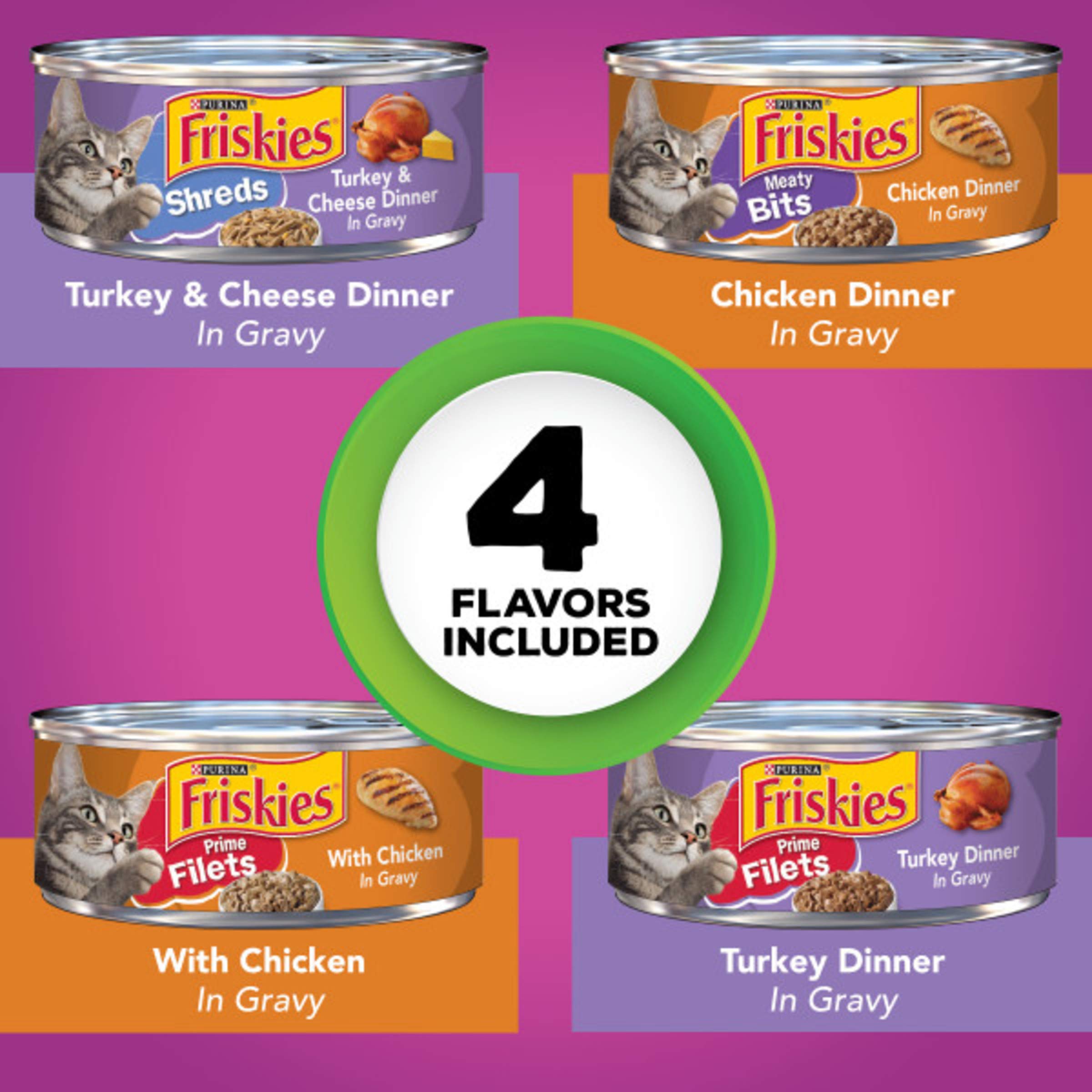 Purina Friskies Gravy Wet Cat Food Variety Pack, Poultry Shreds, Meaty Bits & Prime Filets - (Pack of 32) 5.5 oz. Cans