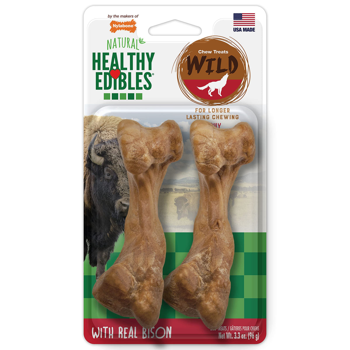 Nylabone Healthy Edibles WILD Natural Long-Lasting Bison Flavor Bone Chew Treats for Dogs, Medium (2 Count)