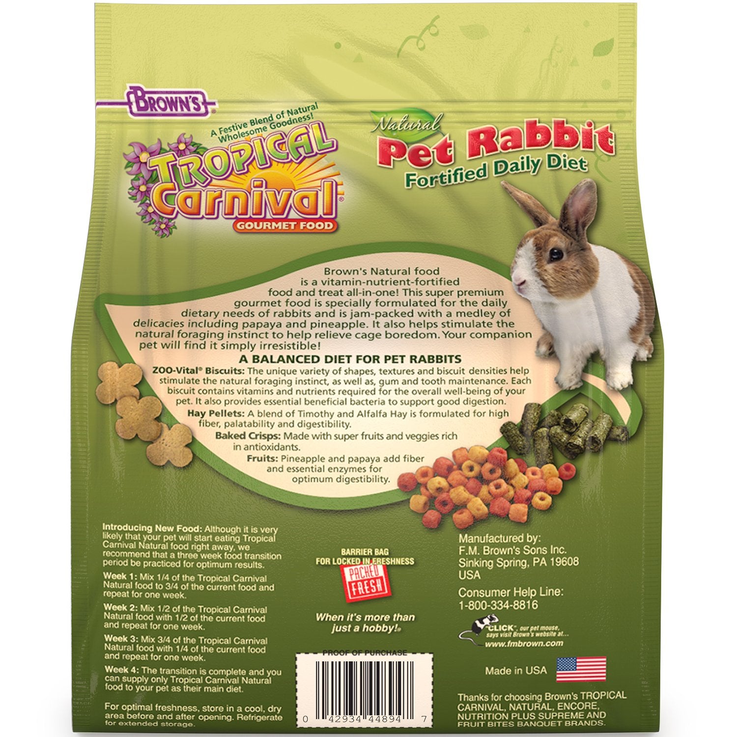 F.M. Brown's Tropical Carnival Natural Rabbit Food, 4-lb Bag - Vitamin-Nutrient Fortified Daily Diet with High Fiber Timothy Hay and Alfalfa Pellets for Optimum Digestion