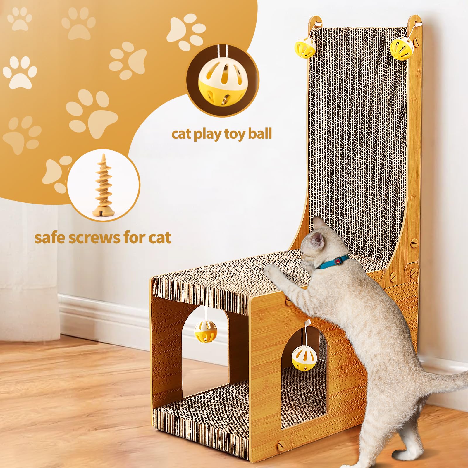 Cat Scratcher, Cat Scratching Board, L Shaped Vertical Cat Scratcher for Wall and Couch Protection, Cat Scratching Board with 4 Cat Ball Toys for Indoor Cats