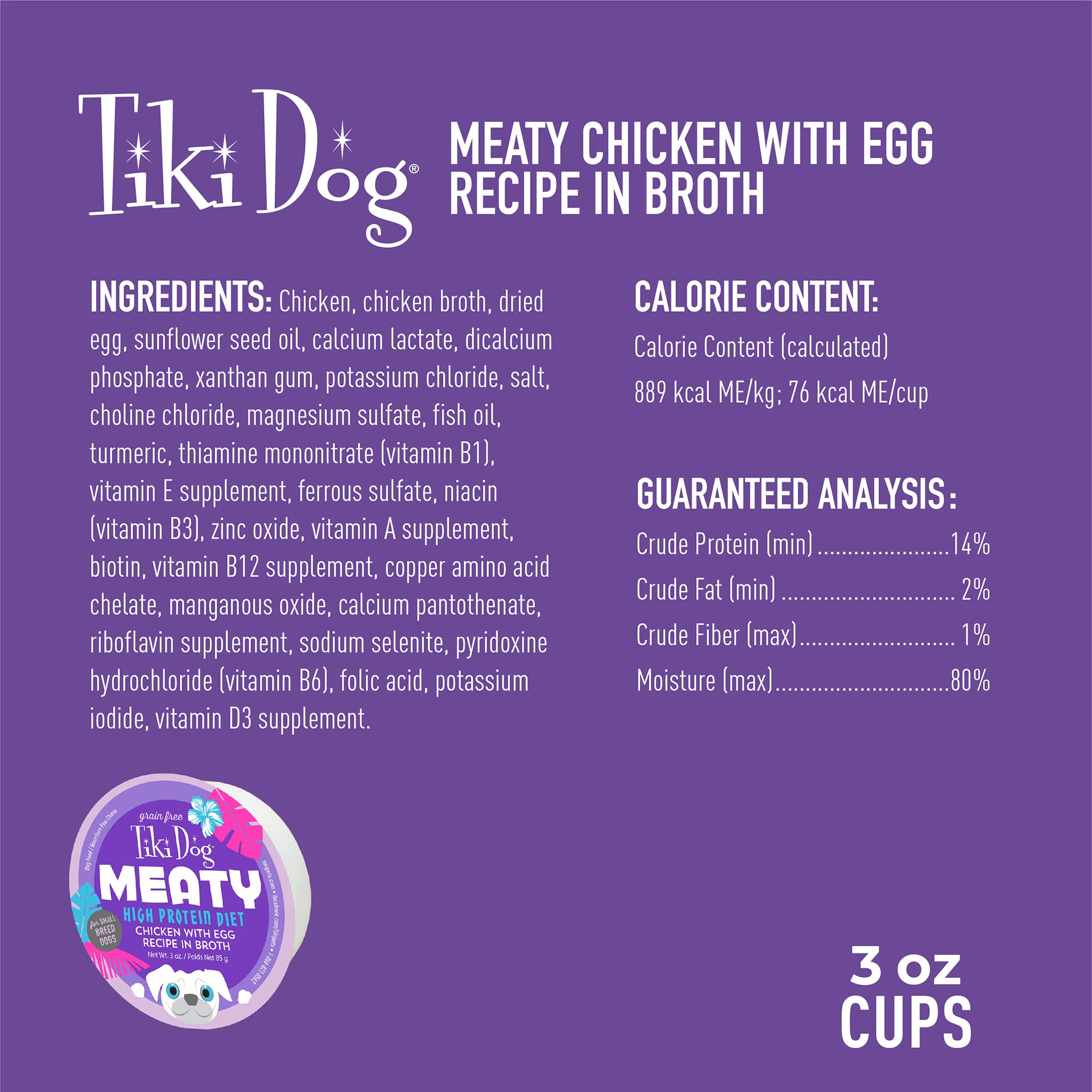 Tiki Dog Meaty Wet Dog Food, Chicken with Egg, 3 oz. Cups (4 Count)