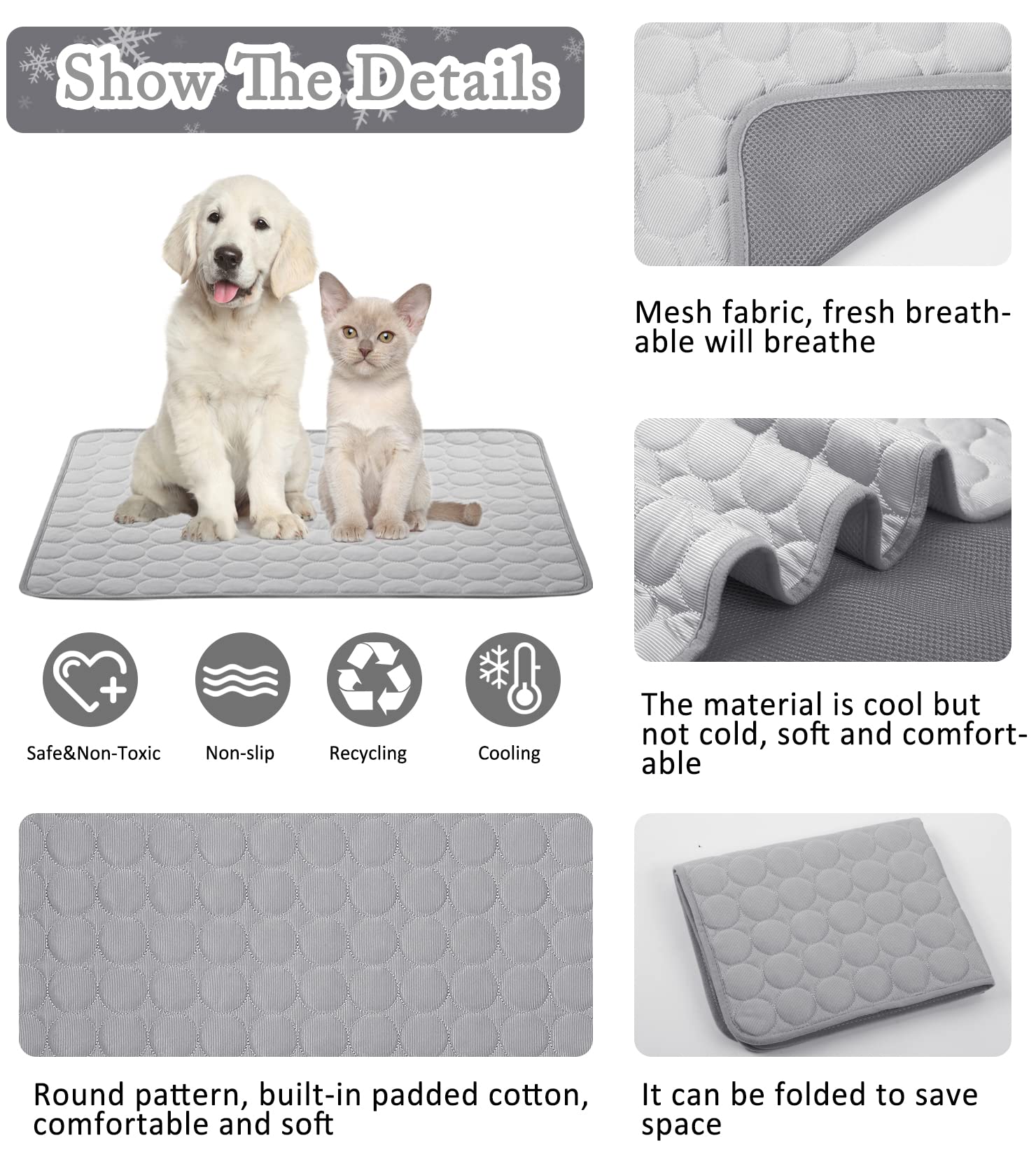 SOMOYA Dogs Self Cooling Mat Pet Cool Pads Blanket Hot Weather Sleeping Kennel Mat,Washable Ice Silk Sleep Mat Pad Non-Toxic Breathable for Large Dogs Cats No Water (Large,Grey)