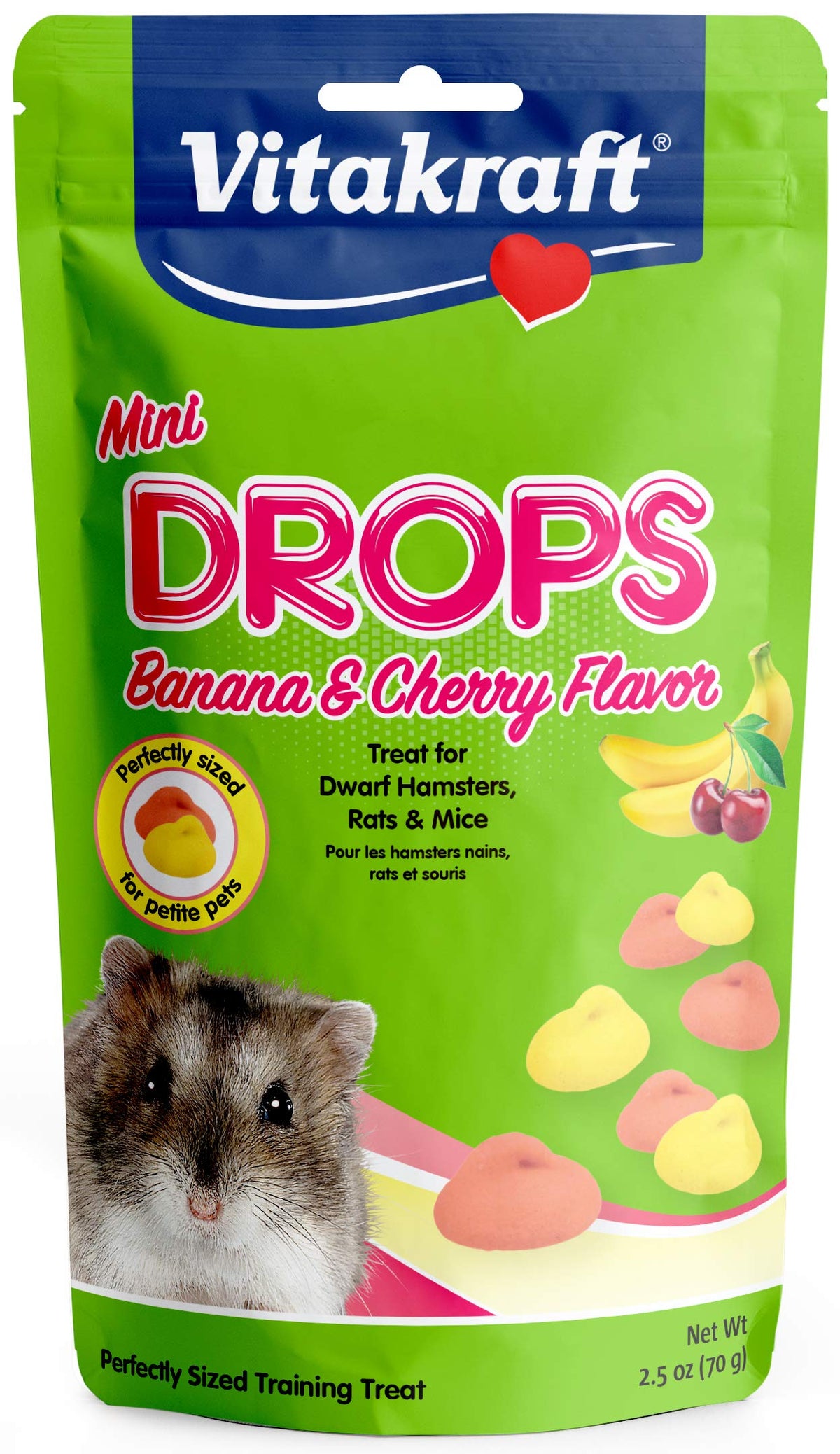 Vitakraft Drops Mini Banana & Cherry Flavor Dwarf Hamster, Rat, and Mouse Treat, 2.5 oz, Multi