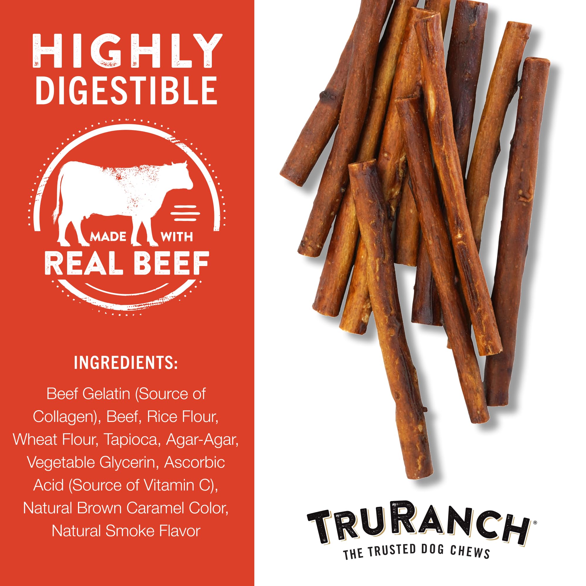 TRURANCH 5" Collagen Sticks, Beef, Healthy Joint Support Dog Treat, Rawhide Alternative, Skin & Coat Health, Made with Real Beef, 1 Bag, 15 Count